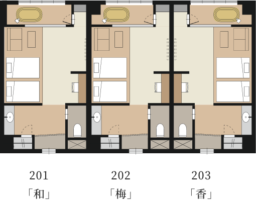 3部屋の間取平面図です。左から201「和」、202「梅」、203「香」です。